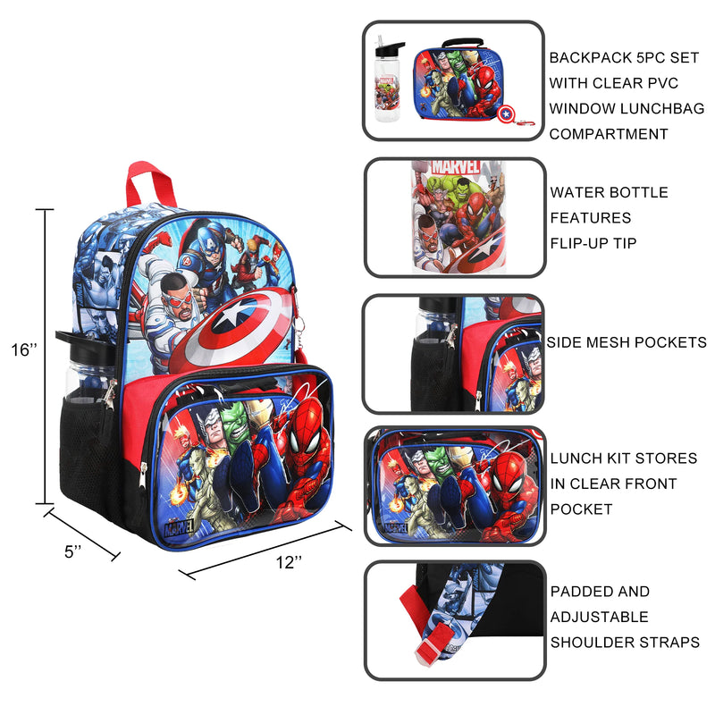 Marvel Avengers Kids 16" Backpack and Lunch Bag 5 Piece Set