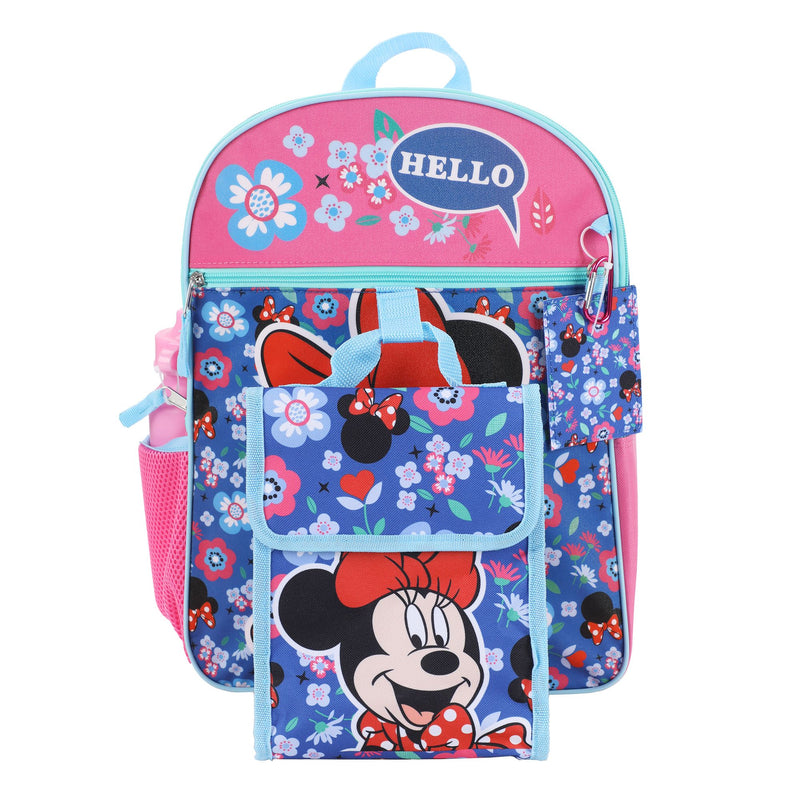 Minnie Mouse Floral Pattern Kids 16" Backpack and Lunch Bag 5 Piece Set