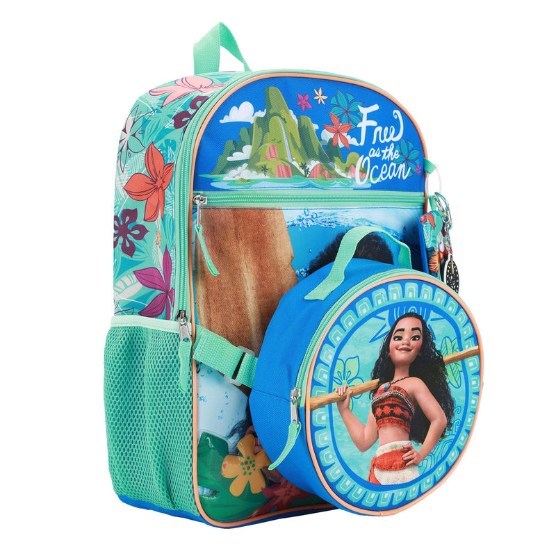 Disney Princess Moana Free as the Ocean Kids 16" Backpack and Lunch Bag 5 Piece Set