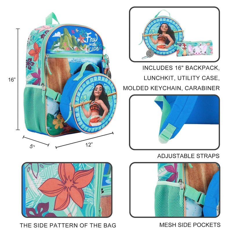 Disney Princess Moana Free as the Ocean Kids 16" Backpack and Lunch Bag 5 Piece Set