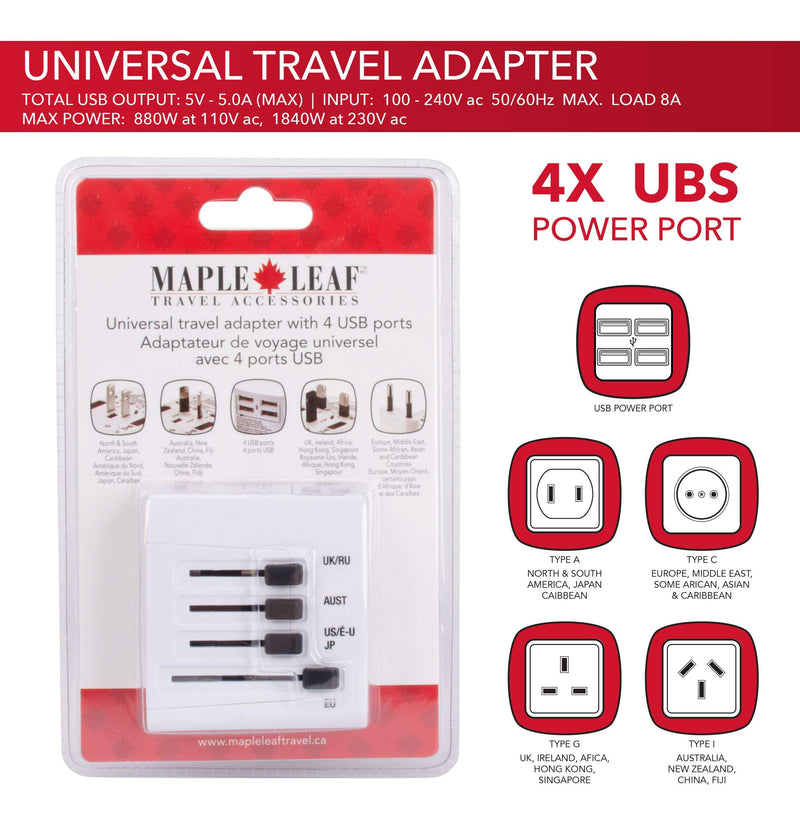 Maple Leaf International Universal Travel Adapter Plug w/ 4 USB Charging Ports